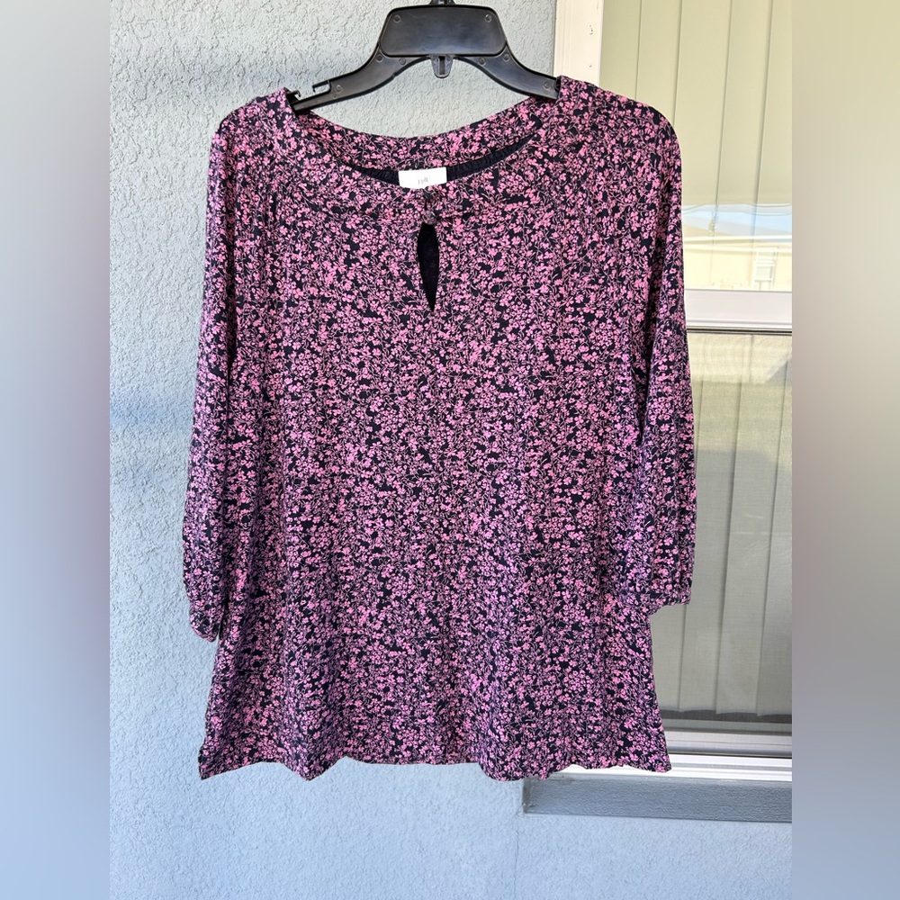 J. Jill Floral Key Hole Babydoll Popover Stretchy 3/4 Sleeves Top Size S